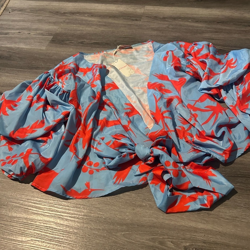 Vibrant Blue and Red wrap round blouse
